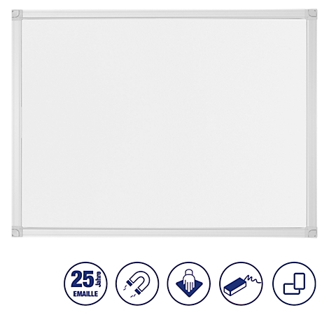 Groot, rechthoekig, wit whiteboard met zilveren frame. Onderstaande iconen: magneet, uitwisbaar, 25 jaar emaille.