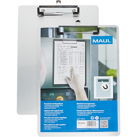 Aluminium-Klemmbrett mit Magnetband von Maul, ideal zum Befestigen von Dokumenten auf metallischen Oberflächen.