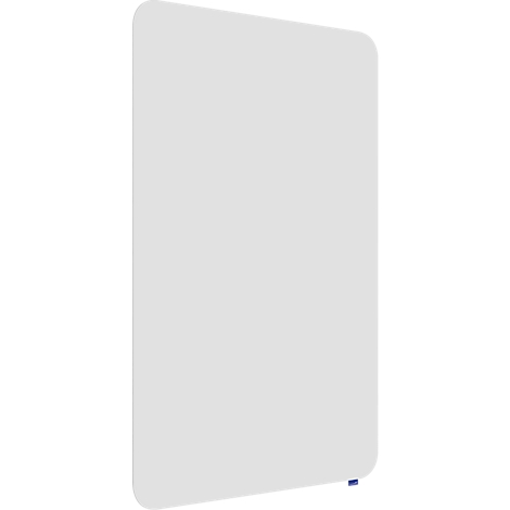 Hellgraue, abgerundete Platte mit einem kleinen, blauen Element am unteren Rand. Die Platte ist leicht von der Seite betrachtet.