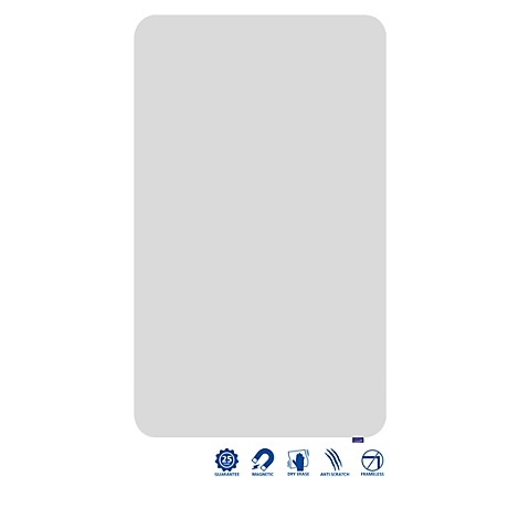 Graue, rechteckige Schutzfolie. Am unteren Rand sind Icons für Eigenschaften: Garantie, magnetisch, trocken, kratzfest, und Premium.
