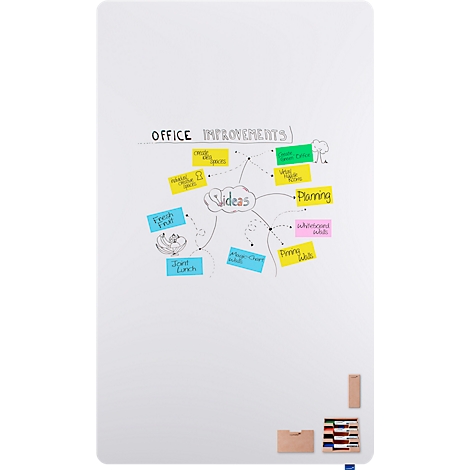 Whiteboard mit „OFFICE IMPROVEMENTS“ und Ideenskizze, farbigen Notizen und Stiften. Links: Obst, Lunch. Rechts: Planung, Ankündigungen.