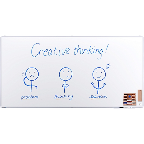 Whiteboard mit Zeichnung: Problem, Thinking, Solution. Überschrift: Creative thinking!