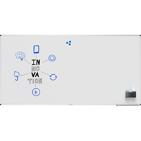 Op een wit bord staat het woord 'INNOVATION' met verschillende symbolen eromheen en een opbergbox.