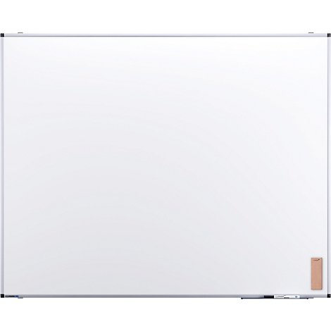Grosses, rechteckiges Whiteboard mit silbernem Rahmen. An der rechten unteren Ecke befindet sich ein brauner Zettelhalter.