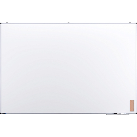 Ein leeres, weisses Whiteboard mit silbernem Rahmen. An der unteren rechten Ecke befindet sich ein kleiner Holzblock.