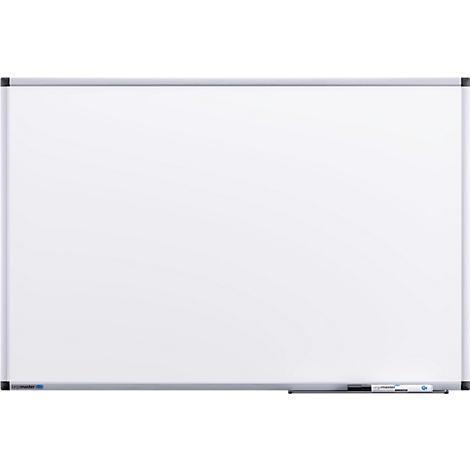 Ein weisses Whiteboard mit Aluminiumrahmen und einem schwarzen Marker auf der Ablage unten.