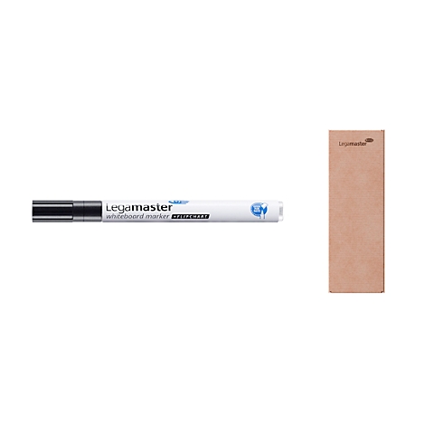 Ein Legamaster Whiteboard-Marker und eine braune Verpackung. Der Marker ist weiß mit schwarzer Spitze und Logo-Aufdruck.