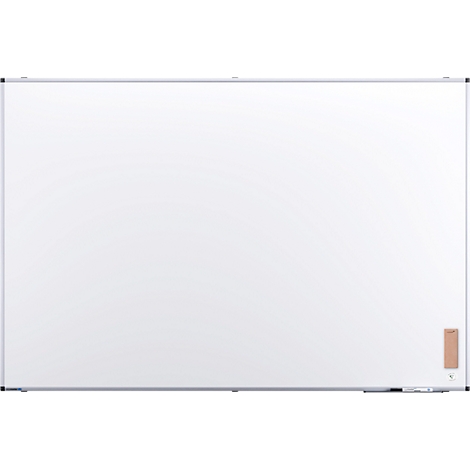Grosses, rechteckiges Whiteboard, weiss mit silbernem Rahmen. Ein Rechteck aus Holz an der rechten unteren Ecke.