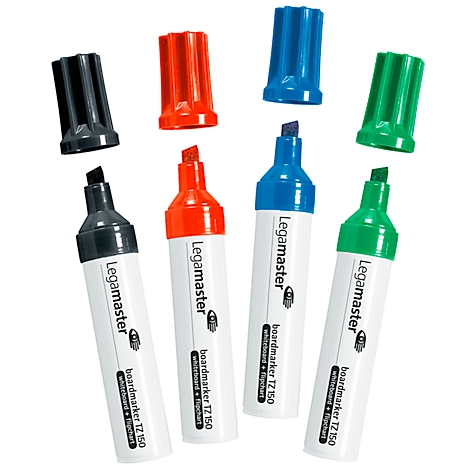 Vier bunte Whiteboard-Marker mit abgenommenen Kappen. Jeder Marker hat die Aufschrift 'Legamaster' und 'boardmarker TZ 150'.