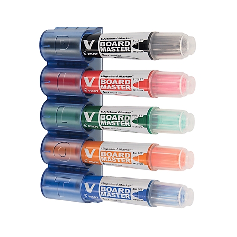 Five colored whiteboard markers in a holder, labeled "Board Master", various colors and lettering.