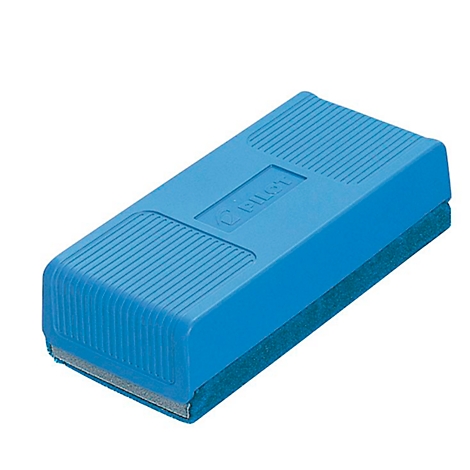 Blue whiteboard eraser with Pilot logo. Rectangular shape, made of plastic, with a felt side.