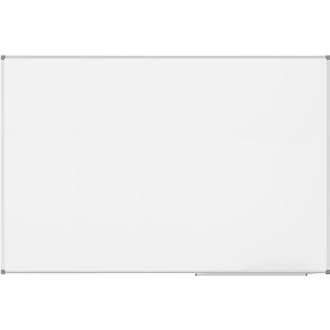 White whiteboard with silver frame and a shelf for pens.