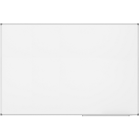 A white whiteboard with a gray frame, with a pen holder below.