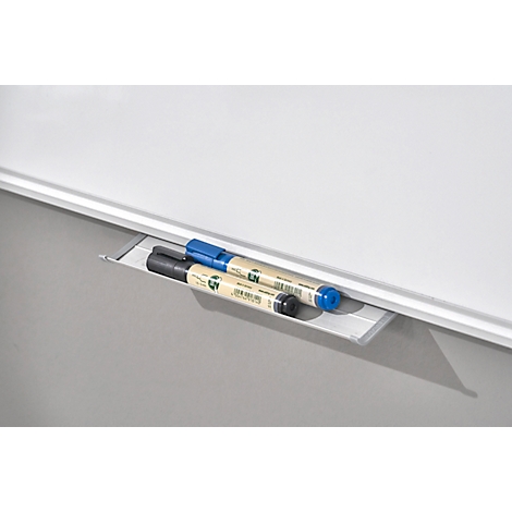 Close-up of a whiteboard with a pen tray. Inside are a blue and a black pen.