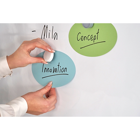 Hands placing a white magnet on a blue sign with the word "Innovation." A green sign with "Concept" and text in the background.