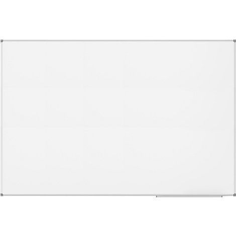 A white whiteboard with a silver frame. A holder for a pen at the bottom right.