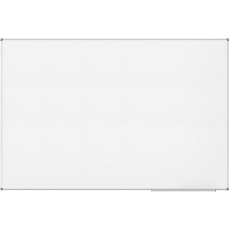 Empty white board with silver frame and a small storage compartment.