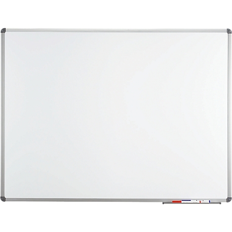 Rectangular white board with gray frame. Marker tray with three pens at the bottom right.