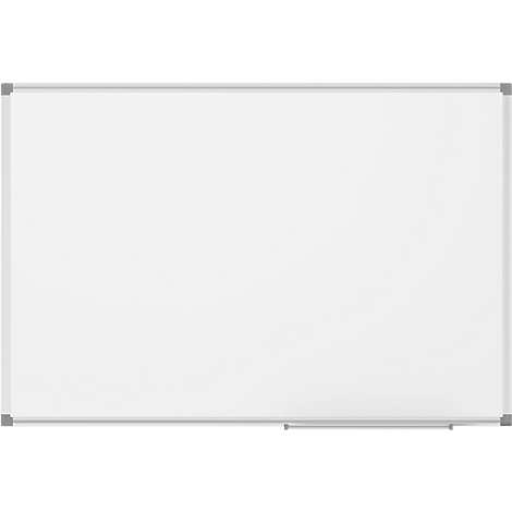 White whiteboard with silver frame. Corner connectors. A shelf at the bottom right.
