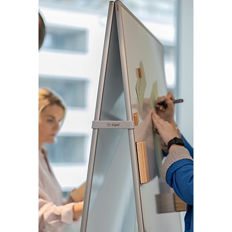 Deux personnes travaillent sur un tableau blanc. Une femme écrit, une autre regarde. Il y a des notes sur le tableau.