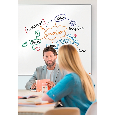Un homme et une femme sont assis à une table devant une présentation sur un tableau blanc. Le tableau affiche une carte mentale avec le mot "nobo".