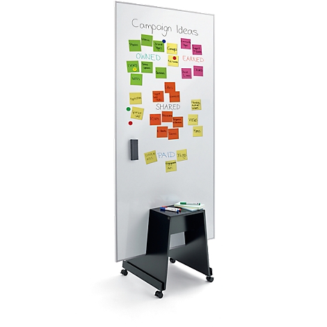Wit, rollend whiteboard bedekt met plakbriefjes, op een zwarte, hoekige kruk. Opschrift: Campaign Ideas.