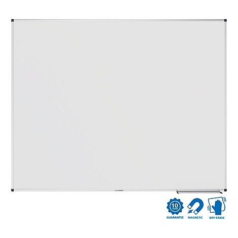 Wit whiteboard met zilveren lijst. Symbolen voor garantie, magnetisch en droog veegbaar staan rechtsonder.