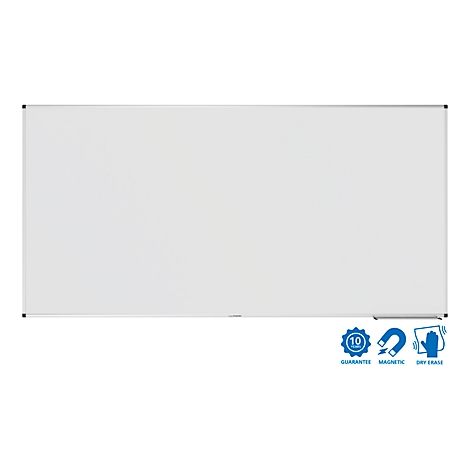 Wit whiteboard met zilveren frame. Garantiesymbool en logo's voor magnetisch en droog uitwisbaar.