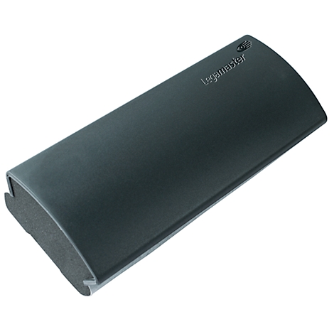 Dark gray wrist rest with Legamaster logo and hand symbol. Rounded shape, perspective view.