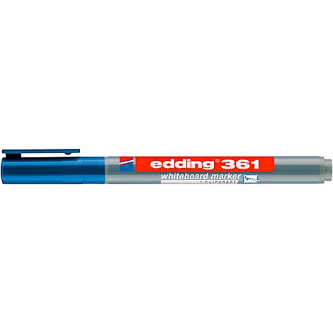 Ein blauer Edding 361 Whiteboard Marker. Auf dem Stift ist in roter Schrift „edding 361“ und „whiteboard marker“ zu lesen.