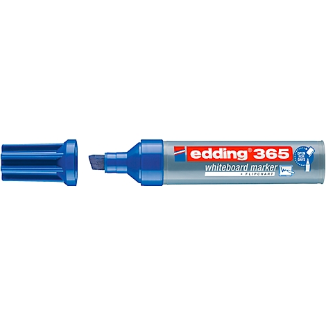 Ein weißer Edding 365 Whiteboard Marker mit blauer Kappe. Die Kappe liegt daneben.