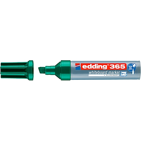 Grüner Whiteboard-Marker, Kappe abgenommen, Aufschrift Edding 365.