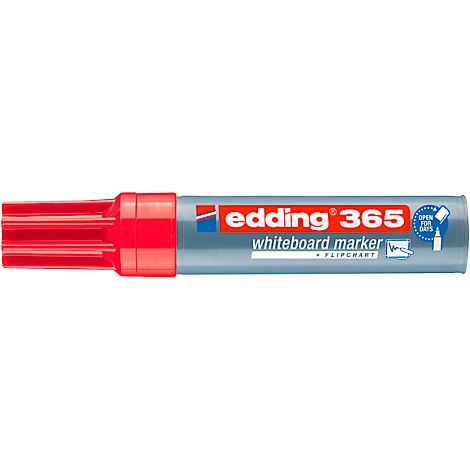 Ein roter Edding 365 Whiteboard-Marker, auf grauem Stiftkörper ist der Markenname erkennbar.