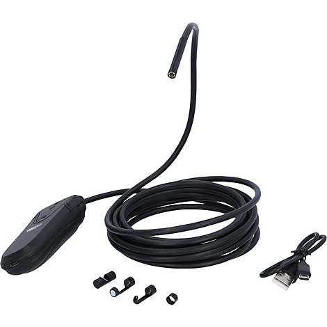 Schwarzes Endoskop mit Zubehör und USB-Kabel. Die Kamera am flexiblen Hals zeigt nach oben.