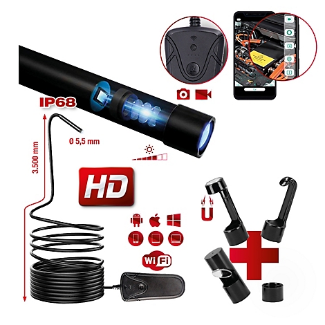 Schwarzes Endoskop mit Zubehör, HD-Logo, Wifi-Symbolen und Smartphone-Darstellung.