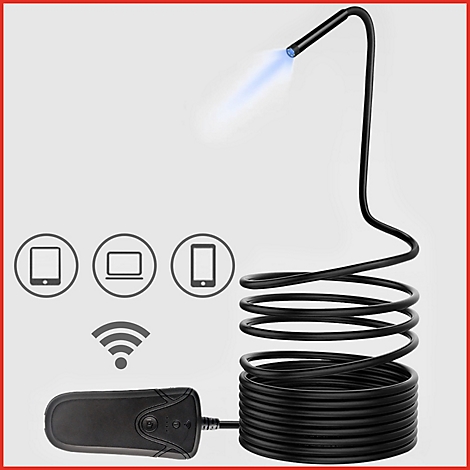 Eine schwarze Endoskopkamera, die Licht aussendet. Dargestellt mit Symbolen für Tablet, Laptop und Smartphone.