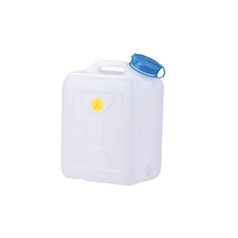 White canister with blue lid and yellow closure. The canister has a handle and a small spout.