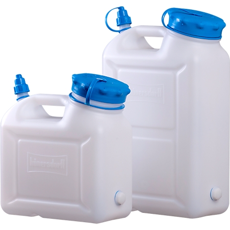 Two white water canisters with blue lids and spouts, against a white background.