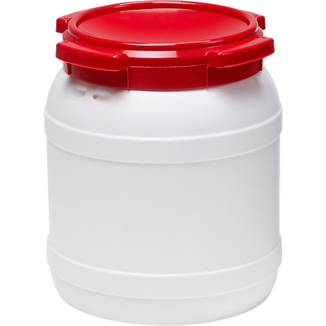 White plastic container with red lid. The lid is fitted with a red seal.