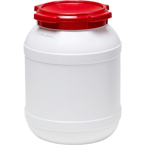 A white plastic container with a red lid. The lid has a twist closure.
