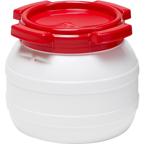 White, bulging container with a red lid. The lid has handles and a round opening.