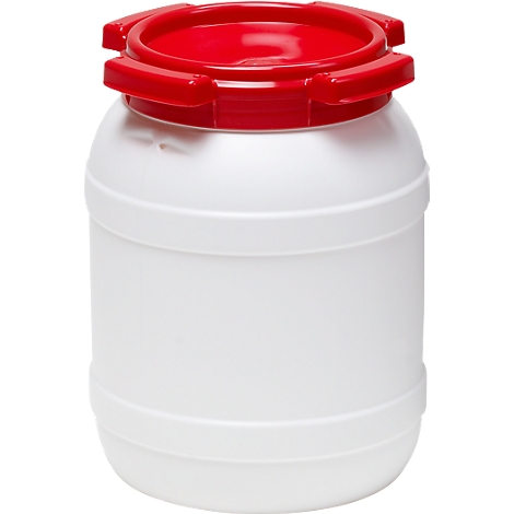 White plastic barrel with red lid, close-up.