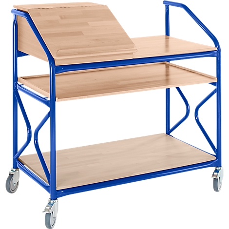 A blue serving cart with three wooden shelves. The top shelf is angled. Wheels are attached to the corners.