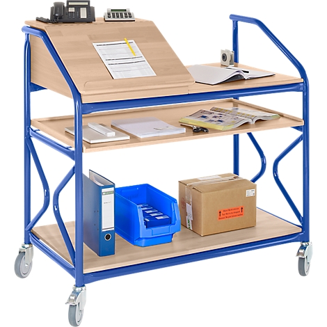Blue and silver transport trolley with work materials like file folders, cardboard box and paper.