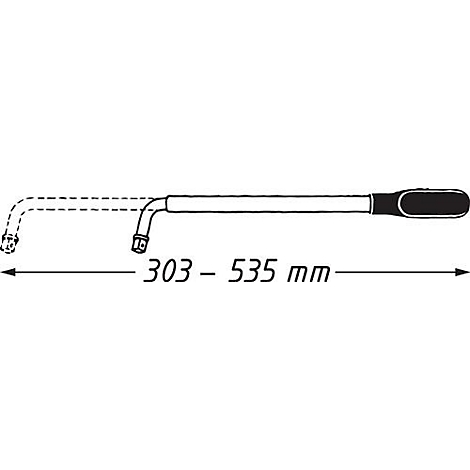Tekening van een gebogen gereedschap met afmetingen van 303-535 mm.
