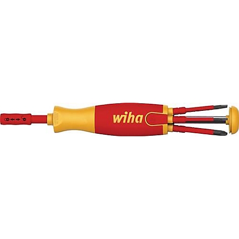 Een rode en gele multifunctionele schroevendraaier met drie verwisselbare punten en de opdruk 'wiha'.