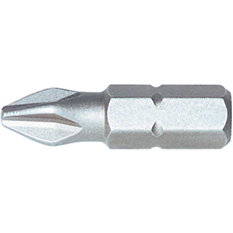 Close-up of a silver Phillips head screwdriver bit. The bit is hexagonal in shape, with a sharp tip.