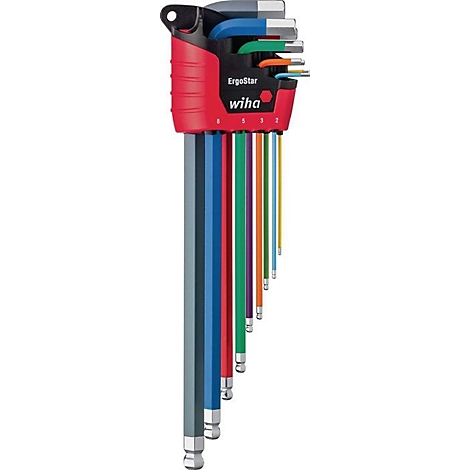 Een kleurrijke set inbussleutels, rood gecoat, met de letters "wiha".
