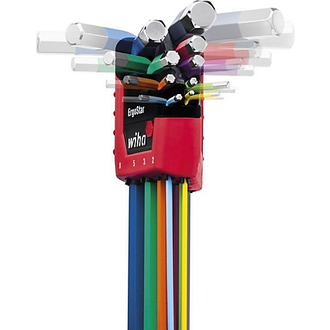 Een set gekleurde inbussleutels, rood gemarkeerd met "wiha ErgoStar". Verschillende kleuren geven de maten aan.