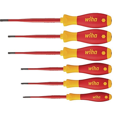 Six tournevis avec des poignées rouges et des extrémités jaunes, posés sur une surface blanche. Le nom de la marque "wiha" est visible sur chaque manche.